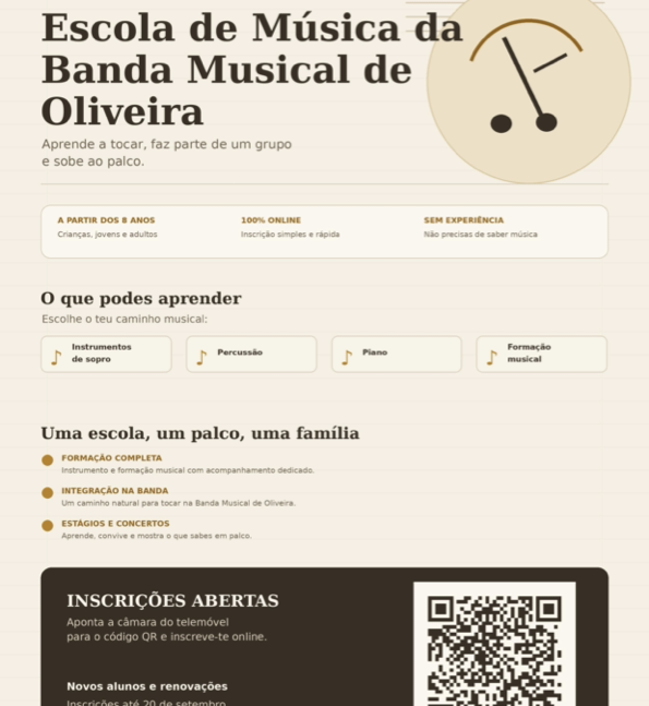 Imagem de Capa do Evento Inscrições para Escola de Musica da Banda Musical de Oliveira 2026/2027